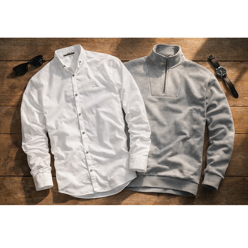 پکیج دورس مردانه نیم زیپ مدل Behbod-طوسی  پیراهن مردانه سفید VQ